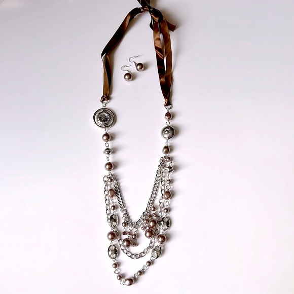NWOT Long Brown Ribbon Tie Necklace w/Fake Pearl & Silver Bead Accent + Earrings - Picture 4 of 4